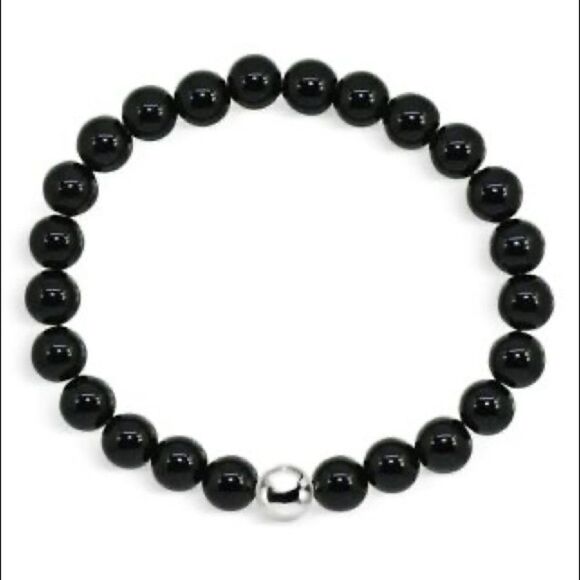 AQUA Sterling Silver & Black Onyx Bead Stretch Bracelet Bloomingdales NWT - Picture 1 of 4